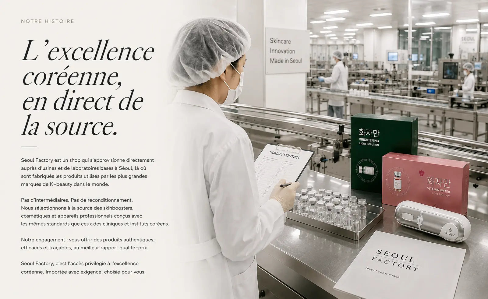 Laborantine en usine coréenne contrôlant la qualité des produits K-beauty importés par Seoul Factory